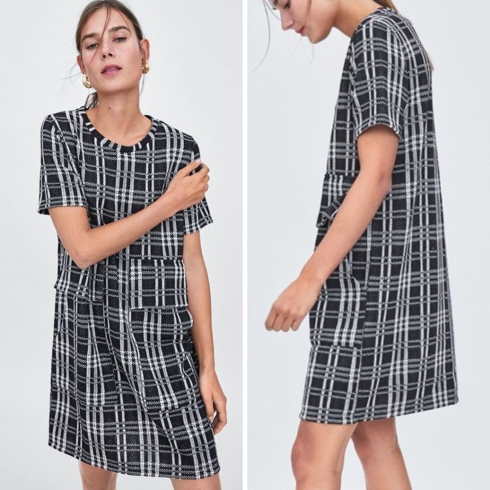 ZARA Jacquard Plaid Check Dress Black & White